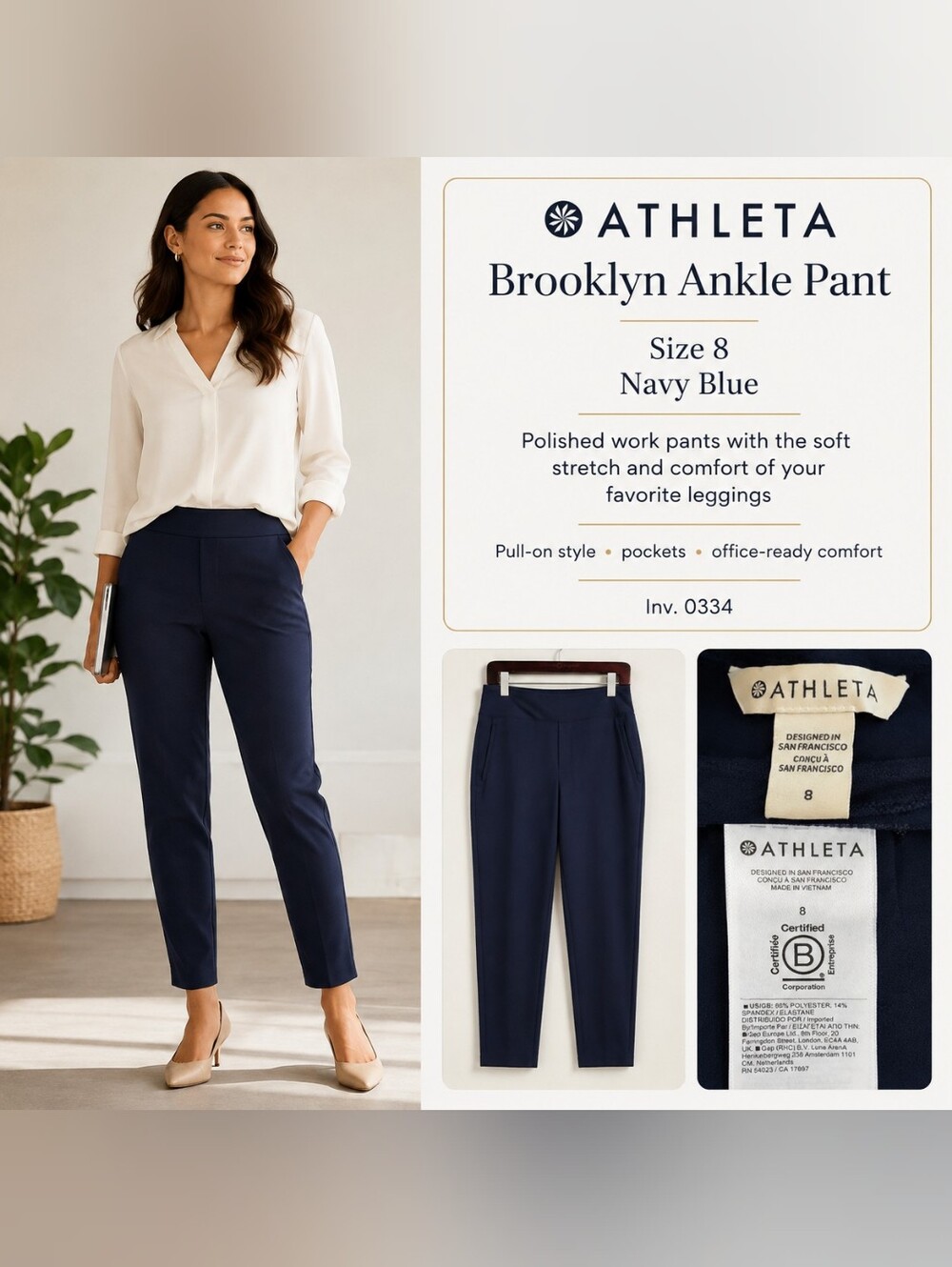 Athleta Navy Blue Tapered Ankle Pants Size 8 Stretch Work Travel Pants